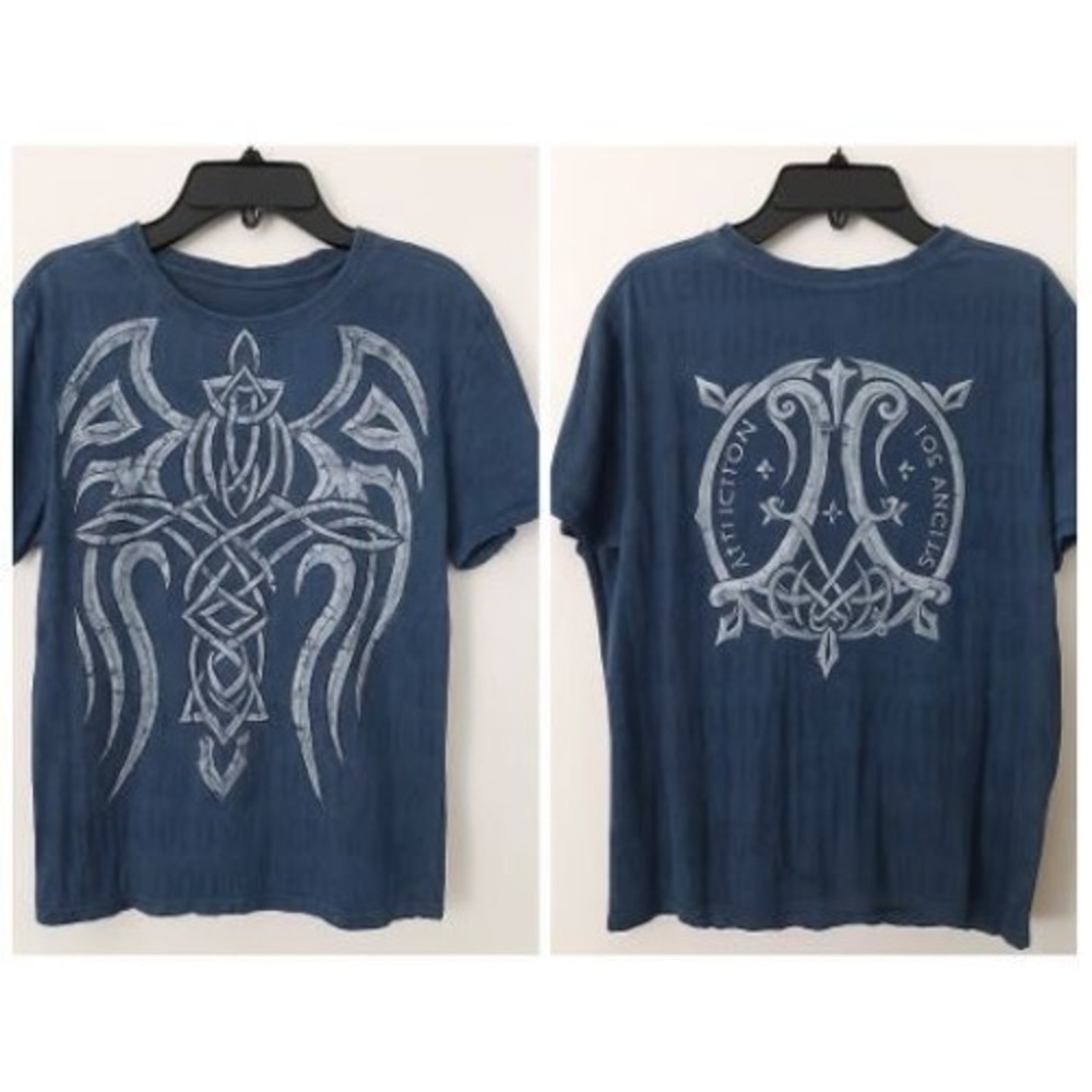 Affliction Los Angeles Men's Medium Graphic Tee Gothic Tribal Cross Distressed‎